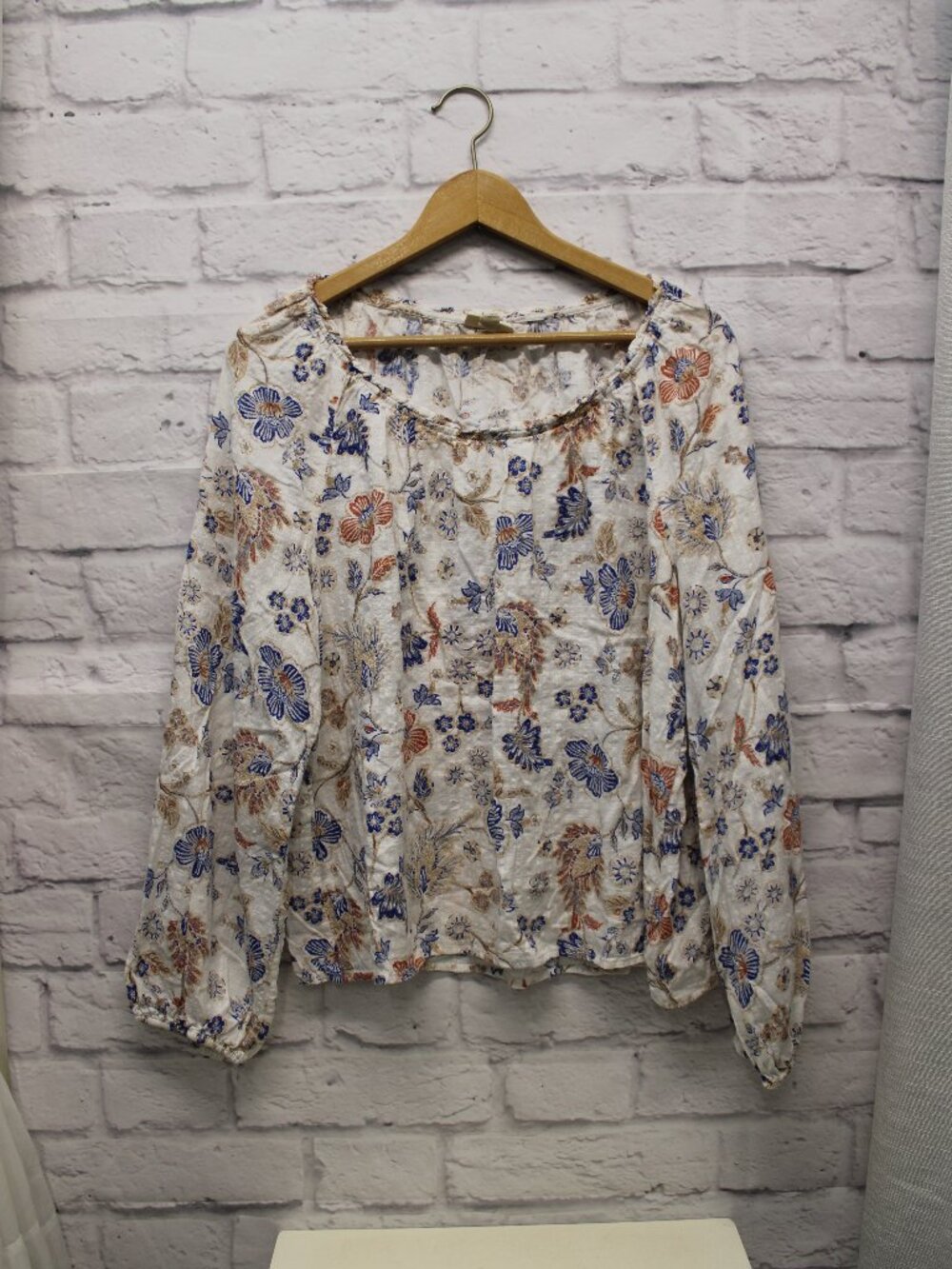 Ana Extra Large White Floral Round Neck Longsleeve Blouse Boho Fall Peasant